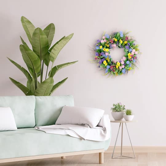 24" Pink, Blue & Yellow Spring Echinops & Chrysanthemum Floral Wreath